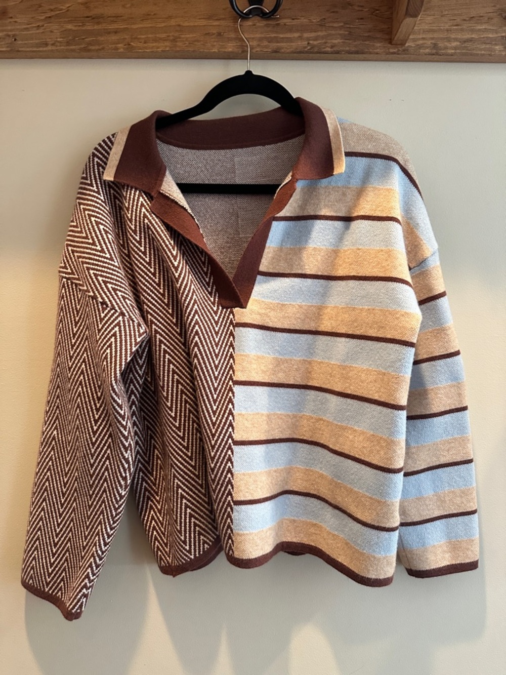 Source Unknown Brown and Light Blue Striped & Chevron Collared Sweater